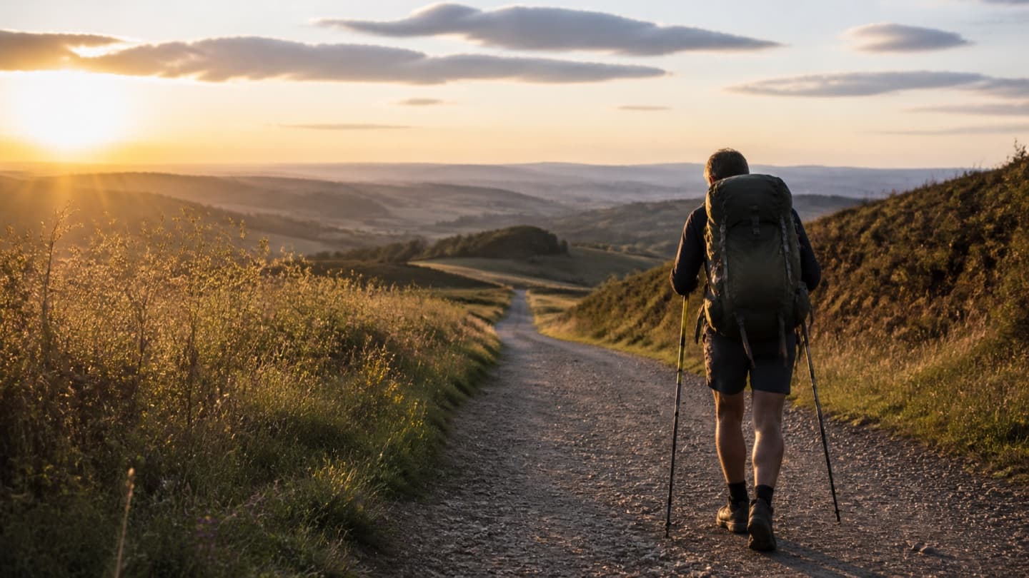 Un marcheur solitaire avance sur un chemin au coucher du soleil.