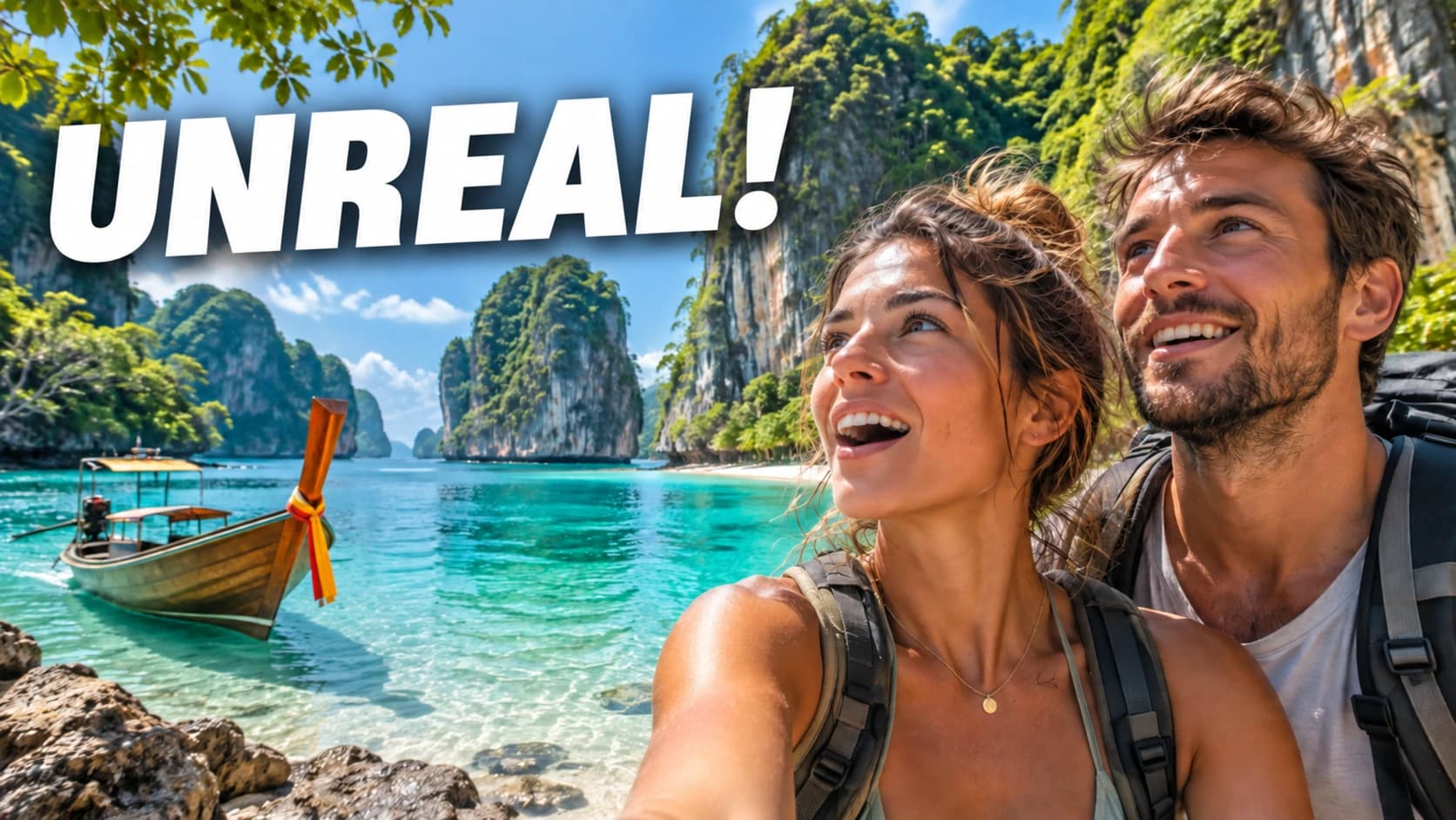 Thailand thumbnail: travelers, turquoise water and limestone cliffs