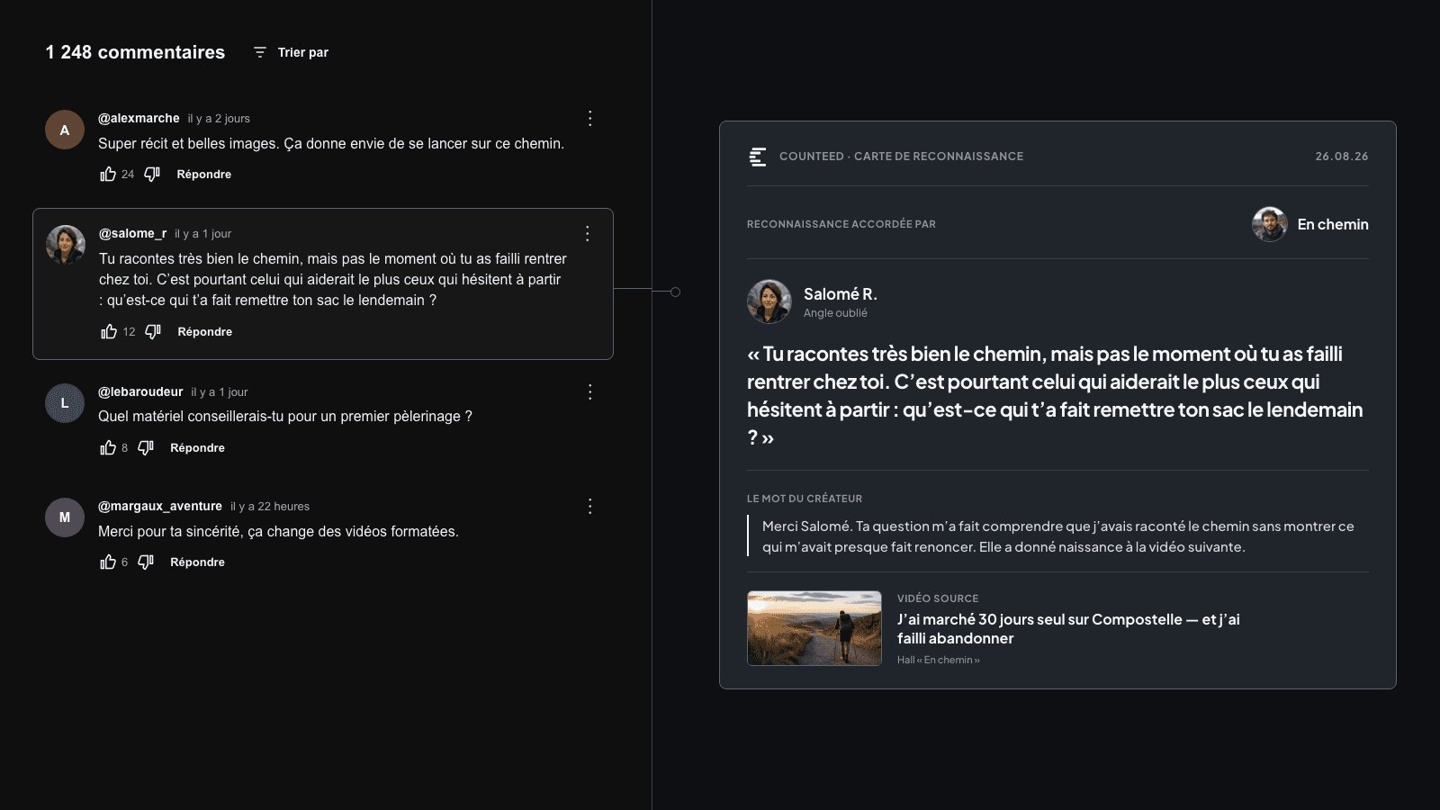 Un commentaire YouTube remarquable relié à une Carte Counteed qui réunit son auteur, le mot du créateur et la vidéo d’origine
